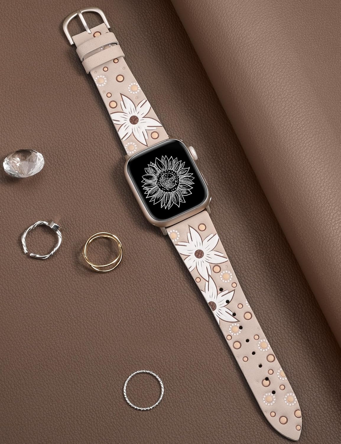 TOYOUTHS Leather Band Compatible with Apple Watch Strap Women 38/40/41/42mm Fancy Western Embossed Sunflower Floral Bracelet Wristband for iWatch Bands Series 10 9 8 7 6 5 4 3 2 1 SE