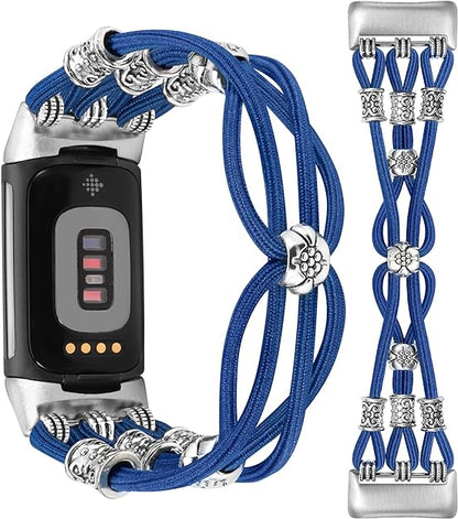 TOYOUTHS Beaded Bracelet Band Compatible with Fitbit Charge 6 Bands/Fitbit Charge 5 Bands Women, Boho Soft Elastic Stretchy Nylon Braided Strap Fancy Charms Designer Breathable Sport Wristband