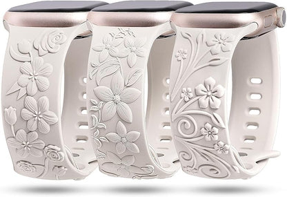 TOYOUTHS 3 Pack Floral Embossed Bands Compatible with Apple Watch Band 38/40/41/42/44/45/49mm Women, Engraved Soft Silicone 3D Flower Cute Dressy Straps for iWatch Series 9/SE/Ultra/8/7/6/5/4/3/2/1