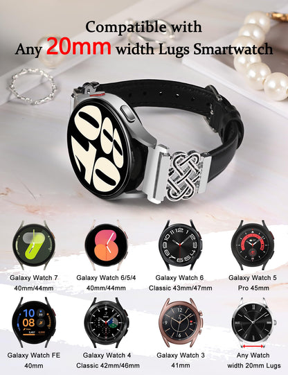 20mm Celtic Knot Leather Band for Samsung Galaxy Watch 7/6/5/4/3/FE/6 Classic/5 Pro/4 Classic/Active 2