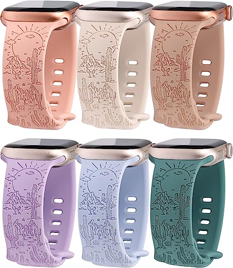 TOYOUTHS Saguaro Engraved Silicone Band Compatible with Apple Watch Band Western Cactus Desert Landscape Wild Cowboy Design Cute Soft Sport Strap for iWatch Series 8/7/SE/6/5/4/3/2/1/Ultra, 6 Packs