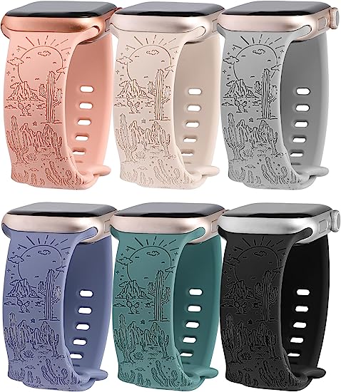 TOYOUTHS Saguaro Engraved Silicone Band Compatible with Apple Watch Band Western Cactus Desert Landscape Wild Cowboy Design Cute Soft Sport Strap for iWatch Series 8/7/SE/6/5/4/3/2/1/Ultra, 6 Packs