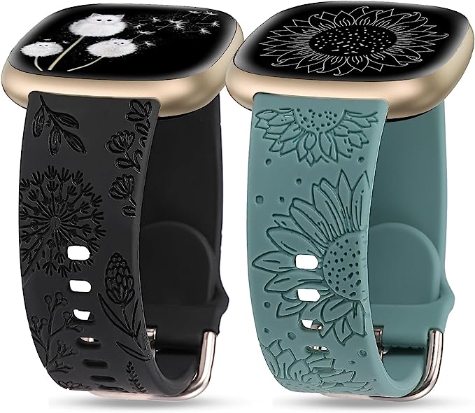 TOYOUTHS 2 Packs Compatible with Fitbit Sense Bands/Sense 2 Band/Versa 3 Band/Versa 4 Band Women Floral Engraved Silicone Strap Dressy Sunflower Dandelion Pattern Sport Bracelet, Starlight+Brown