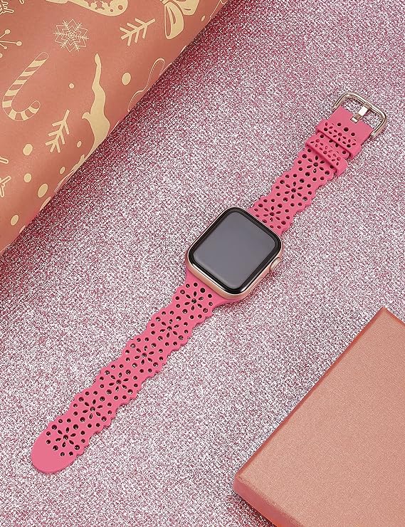 TOYOUTHS Compatible with Apple Watch Band Lace Women Flower Cut-outs Stretchy Silicone Strap for iWatch Ultra 1/2 (49mm), Series 9/8/7(41mm 45mm), Series SE/6/5/4(40mm 44mm), Series 3/2/1(38mm 42mm)