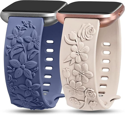 TOYOUTHS 2 Pack Compatible with Fitbit Versa 2/Versa Lite/Versa Watch Bands for Women Floral Engraved Soft Silicone Dressy Embossed Flower Strap Replacement Versa 2 Special Edition Bracelet Wristband
