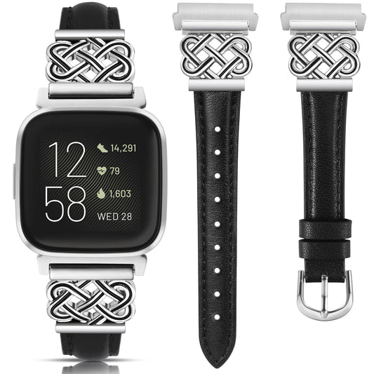 TOYOUTHS Celtic Knot Leather Band Compatible with Fitbit Versa 2/Versa/Versa Lite/SE Band Women, Slim Dressy Thin Designer Premium Leather Strap with Interlock Buckle for Fitbit Versa 2 Smartwatch