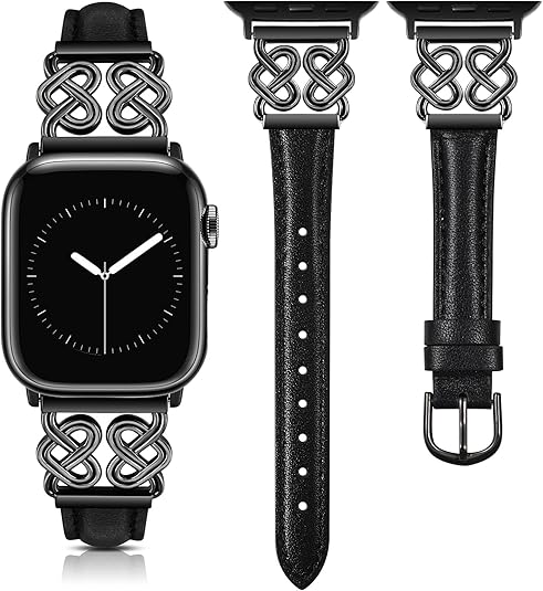 TOYOUTHS Leather Band Compatible with Apple Watch Bands Women 38/40/41/42/44/45/46/49mm Dressy Slim Leather Strap with Designer Heart Knot Buckle for iWatch Series 10/9/Ultra/SE/8/7/6/5/SE/4/3/2/1