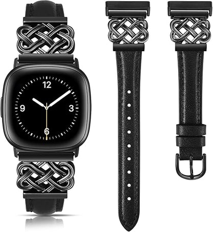 TOYOUTHS Leather Band Compatible with Fitbit Versa 4/Versa 3/Fitbit Sense 2/Sense Band Women, Slim Thin Dressy Designer Premium Leather Strap with Interlock Buckle for Versa 3 4 Sense 2 Smartwatch