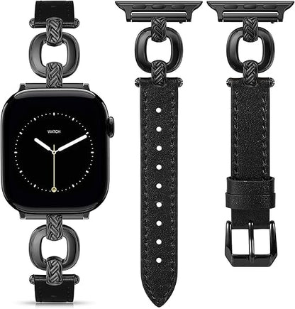 TOYOUTHS Leather Band Compatible with Apple Watch Bands Women 38/40/41/42/44/45/46/49mm Dressy Slim Leather Strap with Boho Metal Knot Buckle Bracelet for iWatch Series 10/9/8/7/6/5/4/3/2/1/SE/Ultra