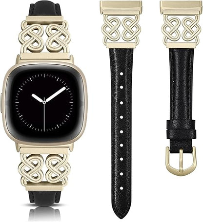 TOYOUTHS Leather Band Compatible with Fitbit Versa 4/Versa 3/Sense 2/Sense Band Women, Elegant Dressy Slim Leather Strap with Designer Celtic Heart-Shaped Knot Buckle for Versa 4 Sense 2 Smartwatch