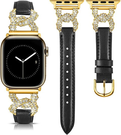 TOYOUTHS Leather Band Compatible with Apple Watch Bands for Women 38/40/41/42/44/45/49mm Ultra Dressy Designer Diamond Interlock Buckle Thin Leather Strap for iWatch Band SE Series 9/8/7/6/5/4/3/2/1