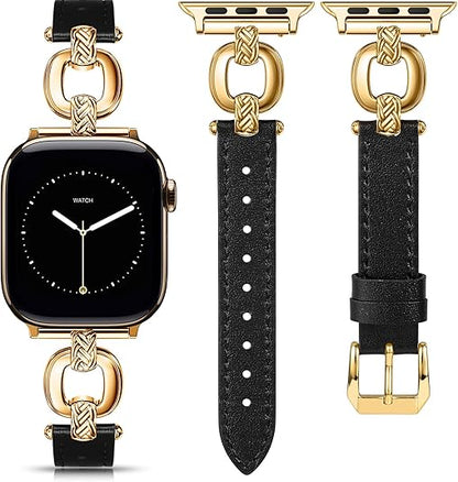 TOYOUTHS Leather Band Compatible with Apple Watch Bands Women 38/40/41/42/44/45/46/49mm Dressy Slim Leather Strap with Boho Metal Knot Buckle Bracelet for iWatch Series 10/9/8/7/6/5/4/3/2/1/SE/Ultra