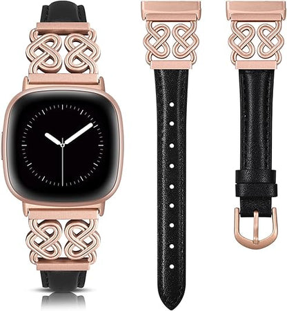 TOYOUTHS Leather Band Compatible with Fitbit Versa 4/Versa 3/Sense 2/Sense Band Women, Elegant Dressy Slim Leather Strap with Designer Celtic Heart-Shaped Knot Buckle for Versa 4 Sense 2 Smartwatch