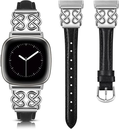 TOYOUTHS Leather Band Compatible with Fitbit Versa 4/Versa 3/Sense 2/Sense Band Women, Elegant Dressy Slim Leather Strap with Designer Celtic Heart-Shaped Knot Buckle for Versa 4 Sense 2 Smartwatch