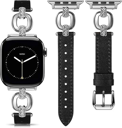 TOYOUTHS Leather Band Compatible with Apple Watch Bands Women 38/40/41/42/44/45/46/49mm Dressy Slim Leather Strap with Boho Metal Knot Buckle Bracelet for iWatch Series 10/9/8/7/6/5/4/3/2/1/SE/Ultra