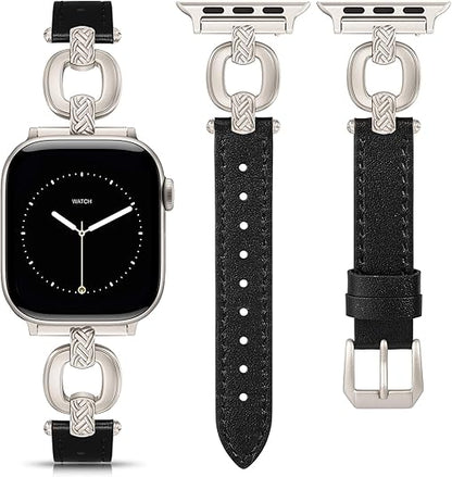 TOYOUTHS Leather Band Compatible with Apple Watch Bands Women 38/40/41/42/44/45/46/49mm Dressy Slim Leather Strap with Boho Metal Knot Buckle Bracelet for iWatch Series 10/9/8/7/6/5/4/3/2/1/SE/Ultra