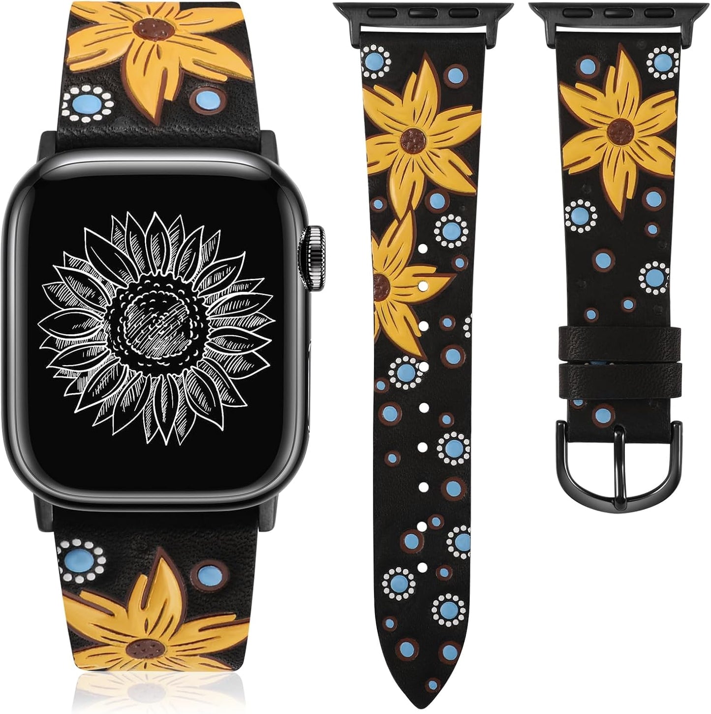 TOYOUTHS Leather Band Compatible with Apple Watch Strap Women 38/40/41/42mm Fancy Western Embossed Sunflower Floral Bracelet Wristband for iWatch Bands Series 10 9 8 7 6 5 4 3 2 1 SE