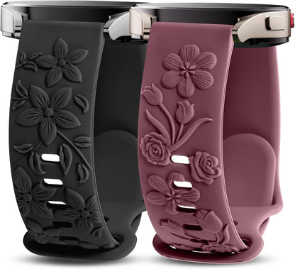 TOYOUTHS 2 Pack Rose Floral Engraved Bands Compatible with Samsung Galaxy Watch 7/6/5/4 Band 40mm 44mm, Women 20mm Silicone Dressy Embossed Flower Strap for Active 2/Watch 5 Pro/Watch FE
