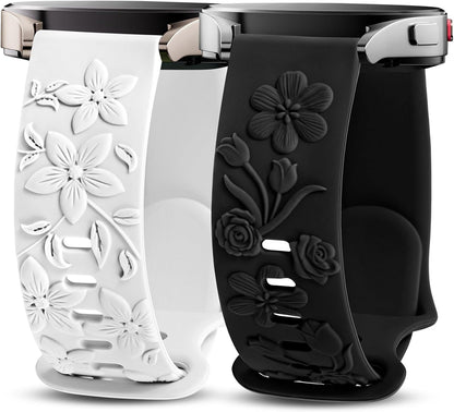 TOYOUTHS 2 Pack Rose Floral Engraved Bands Compatible with Samsung Galaxy Watch 7/6/5/4 Band 40mm 44mm, Women 20mm Silicone Dressy Embossed Flower Strap for Active 2/Watch 5 Pro/Watch FE