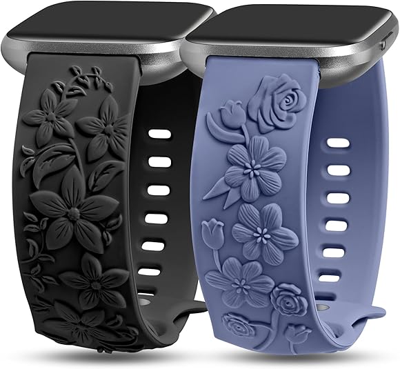 TOYOUTHS 2 Pack Compatible with Fitbit Versa 2/Versa Lite/Versa Watch Bands for Women Floral Engraved Soft Silicone Dressy Embossed Flower Strap Replacement Versa 2 Special Edition Bracelet Wristband