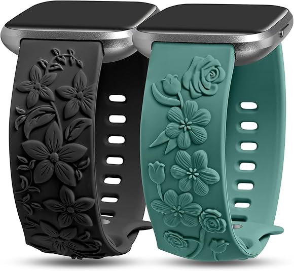 TOYOUTHS 2 Pack Compatible with Fitbit Versa 2/Versa Lite/Versa Watch Bands for Women Floral Engraved Soft Silicone Dressy Embossed Flower Strap Replacement Versa 2 Special Edition Bracelet Wristband