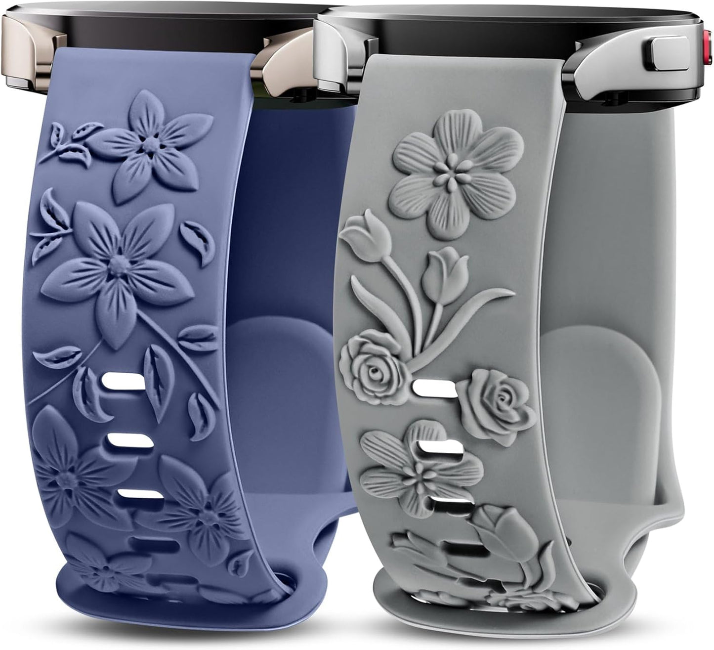 TOYOUTHS 2 Pack Rose Floral Engraved Bands Compatible with Samsung Galaxy Watch 7/6/5/4 Band 40mm 44mm, Women 20mm Silicone Dressy Embossed Flower Strap for Active 2/Watch 5 Pro/Watch FE