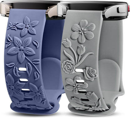 TOYOUTHS 2 Pack Rose Floral Engraved Bands Compatible with Samsung Galaxy Watch 7/6/5/4 Band 40mm 44mm, Women 20mm Silicone Dressy Embossed Flower Strap for Active 2/Watch 5 Pro/Watch FE