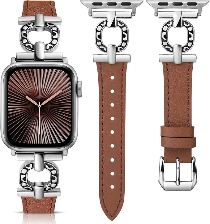 TOYOUTHS Leather Band Compatible with Apple Watch Strap Women 49/46/45/44/42/41/40/38mm Fancy Vintage Scrollwork Oval Metal Buckle Leather Strap for iWatch Band Series 10 9 8 7 6 5 4 3 2 1 SE Ultra