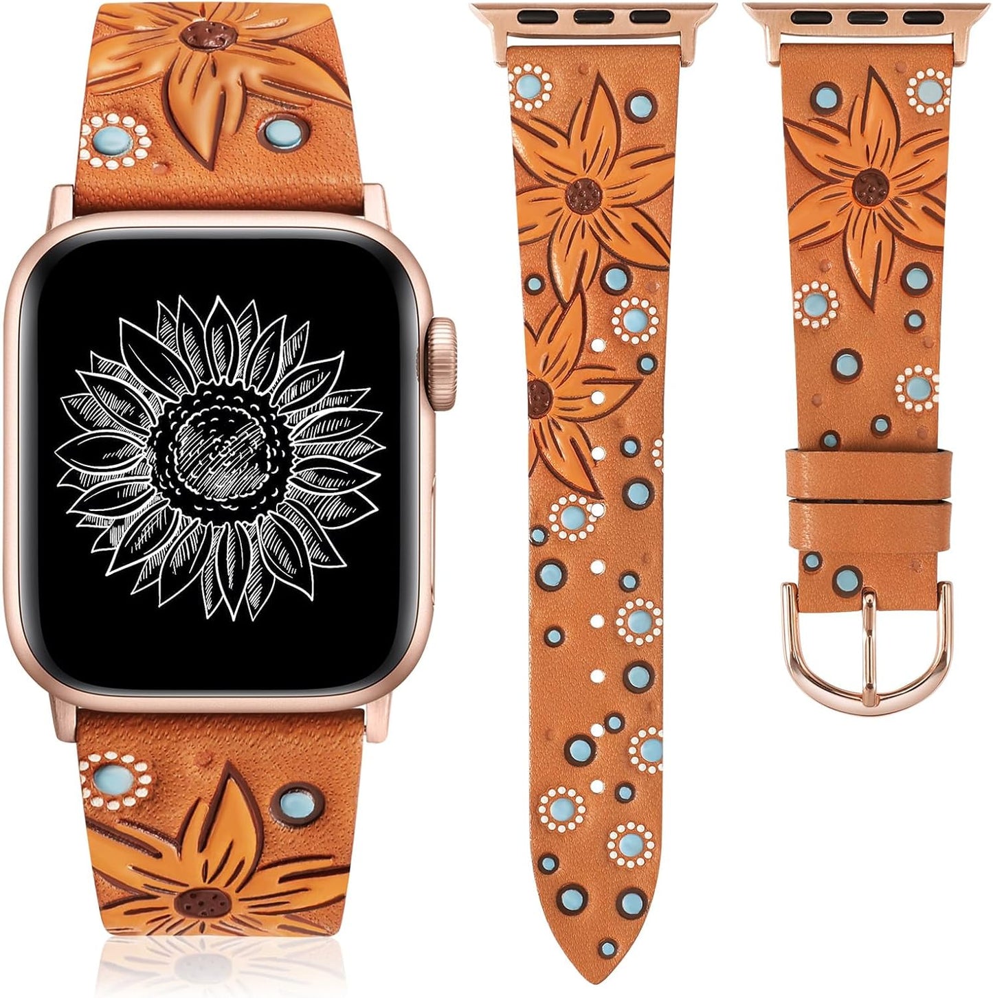 TOYOUTHS Leather Band Compatible with Apple Watch Strap Women 38/40/41/42mm Fancy Western Embossed Sunflower Floral Bracelet Wristband for iWatch Bands Series 10 9 8 7 6 5 4 3 2 1 SE