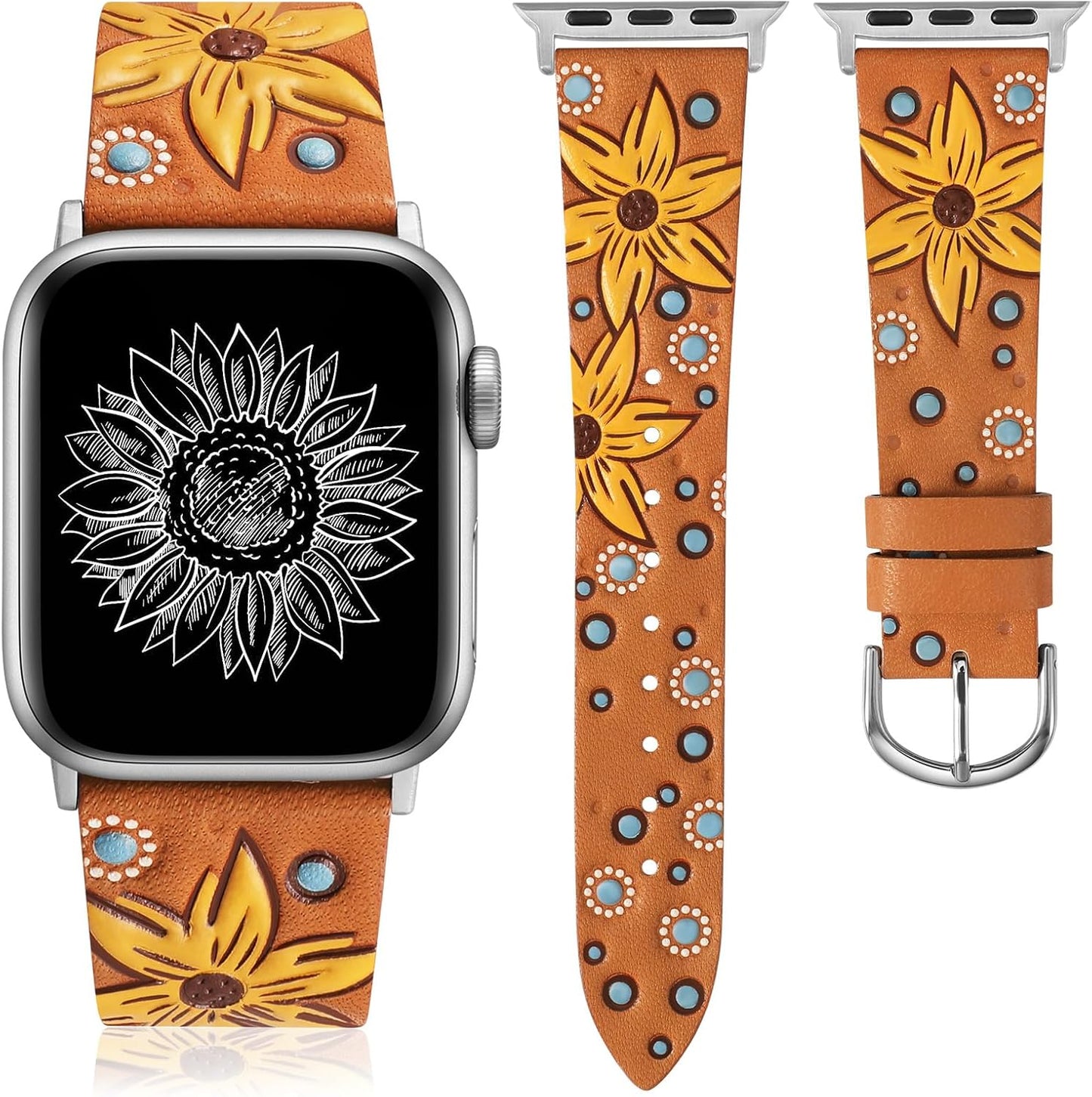 TOYOUTHS Leather Band Compatible with Apple Watch Strap Women 38/40/41/42mm Fancy Western Embossed Sunflower Floral Bracelet Wristband for iWatch Bands Series 10 9 8 7 6 5 4 3 2 1 SE