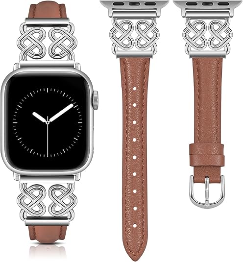 TOYOUTHS Leather Band Compatible with Apple Watch Bands Women 38/40/41/42/44/45/46/49mm Dressy Slim Leather Strap with Designer Heart Knot Buckle for iWatch Series 10/9/Ultra/SE/8/7/6/5/SE/4/3/2/1