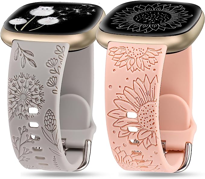 TOYOUTHS 2 Packs Compatible with Fitbit Sense Bands/Sense 2 Band/Versa 3 Band/Versa 4 Band Women Floral Engraved Silicone Strap Dressy Sunflower Dandelion Pattern Sport Bracelet