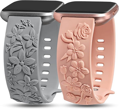 TOYOUTHS 2 Pack Compatible with Fitbit Versa 2/Versa Lite/Versa Watch Bands for Women Floral Engraved Soft Silicone Dressy Embossed Flower Strap Replacement Versa 2 Special Edition Bracelet Wristband