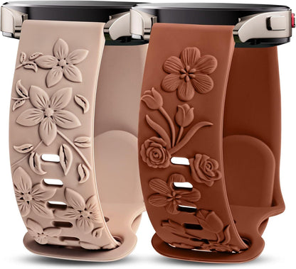 TOYOUTHS 2 Pack Rose Floral Engraved Bands Compatible with Samsung Galaxy Watch 7/6/5/4 Band 40mm 44mm, Women 20mm Silicone Dressy Embossed Flower Strap for Active 2/Watch 5 Pro/Watch FE