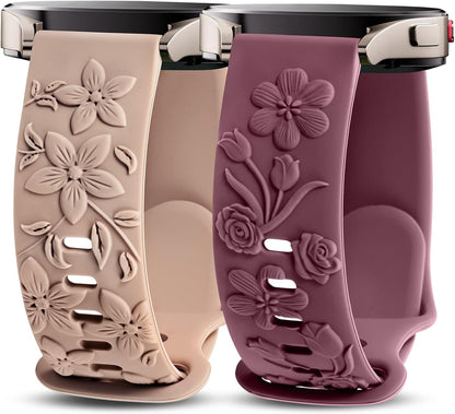 TOYOUTHS 2 Pack Rose Floral Engraved Bands Compatible with Samsung Galaxy Watch 7/6/5/4 Band 40mm 44mm, Women 20mm Silicone Dressy Embossed Flower Strap for Active 2/Watch 5 Pro/Watch FE
