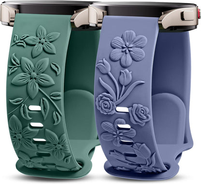 TOYOUTHS 2 Pack Rose Floral Engraved Bands Compatible with Samsung Galaxy Watch 7/6/5/4 Band 40mm 44mm, Women 20mm Silicone Dressy Embossed Flower Strap for Active 2/Watch 5 Pro/Watch FE