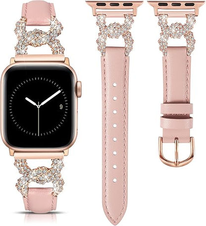 TOYOUTHS Leather Band Compatible with Apple Watch Bands for Women 38/40/41/42/44/45/49mm Ultra Dressy Designer Diamond Interlock Buckle Thin Leather Strap for iWatch Band SE Series 9/8/7/6/5/4/3/2/1