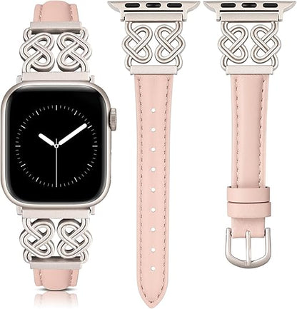 TOYOUTHS Leather Band Compatible with Apple Watch Bands Women 38/40/41/42/44/45/46/49mm Dressy Slim Leather Strap with Designer Heart Knot Buckle for iWatch Series 10/9/Ultra/SE/8/7/6/5/SE/4/3/2/1