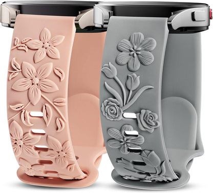 TOYOUTHS 2 Pack Rose Floral Engraved Bands Compatible with Samsung Galaxy Watch 7/6/5/4 Band 40mm 44mm, Women 20mm Silicone Dressy Embossed Flower Strap for Active 2/Watch 5 Pro/Watch FE
