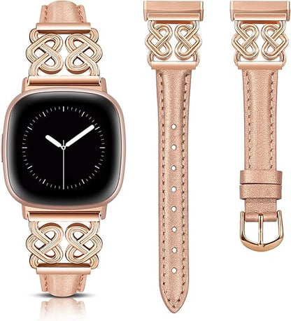 TOYOUTHS Leather Band Compatible with Fitbit Versa 4/Versa 3/Sense 2/Sense Band Women, Elegant Dressy Slim Leather Strap with Designer Celtic Heart-Shaped Knot Buckle for Versa 4 Sense 2 Smartwatch