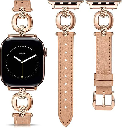 TOYOUTHS Leather Band Compatible with Apple Watch Bands Women 38/40/41/42/44/45/46/49mm Dressy Slim Leather Strap with Boho Metal Knot Buckle Bracelet for iWatch Series 10/9/8/7/6/5/4/3/2/1/SE/Ultra
