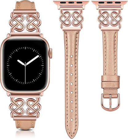 TOYOUTHS Leather Band Compatible with Apple Watch Bands Women 38/40/41/42/44/45/46/49mm Dressy Slim Leather Strap with Designer Heart Knot Buckle for iWatch Series 10/9/Ultra/SE/8/7/6/5/SE/4/3/2/1