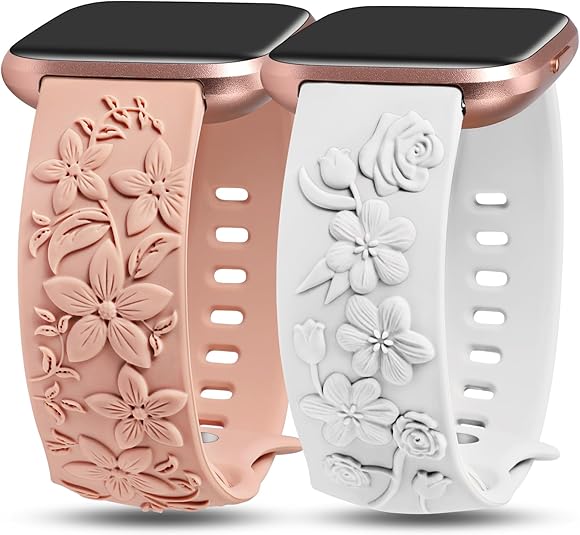 TOYOUTHS 2 Pack Compatible with Fitbit Versa 2/Versa Lite/Versa Watch Bands for Women Floral Engraved Soft Silicone Dressy Embossed Flower Strap Replacement Versa 2 Special Edition Bracelet Wristband