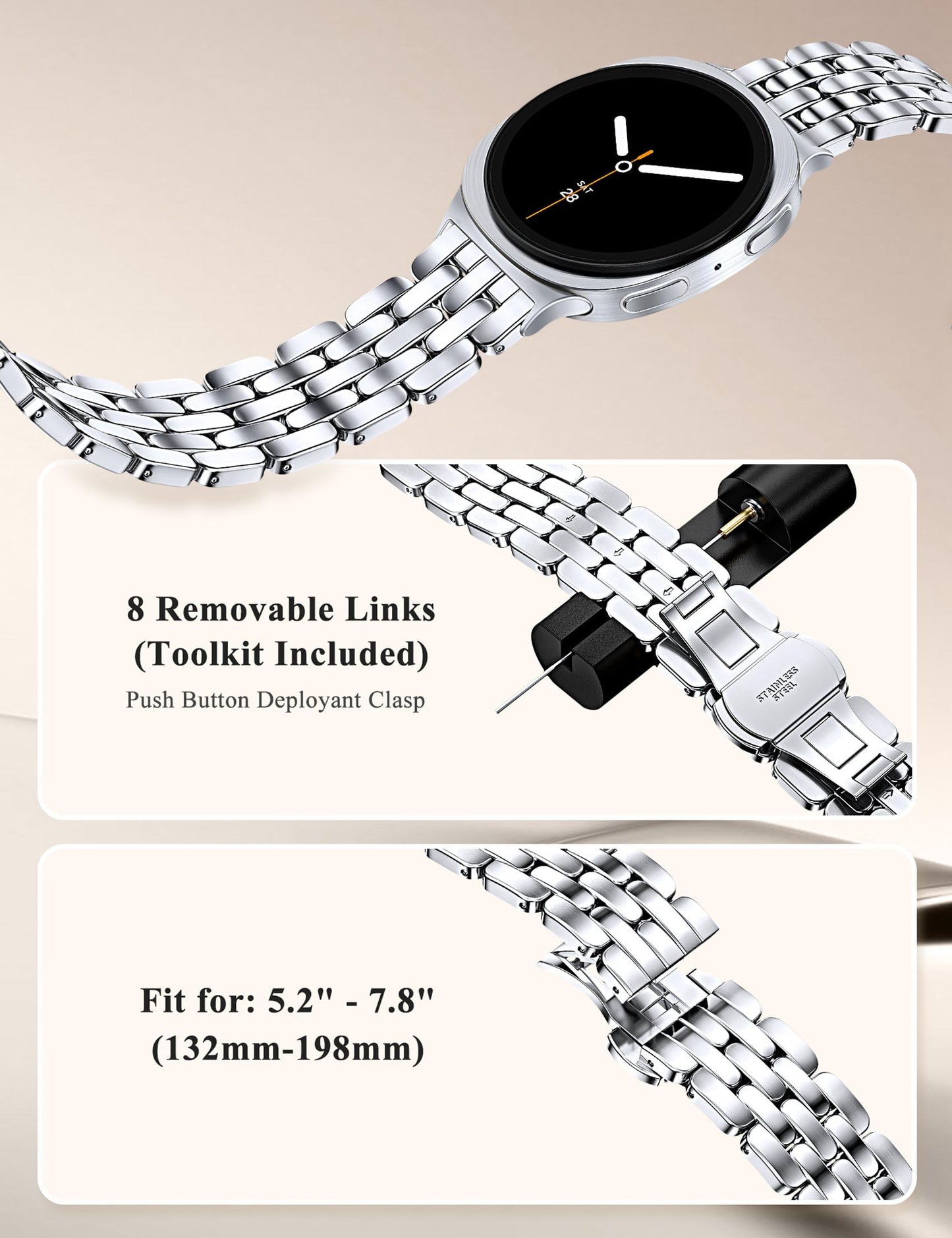 TOYOUTHS Designer Vintage Luxury Bracelet for Samsung Galaxy Watch 8 40mm 44mm/Watch 8 Classic 46mm Bands Women, No Gap One Click Stainless Steel Dressy Elegant Noble Metal Strap
