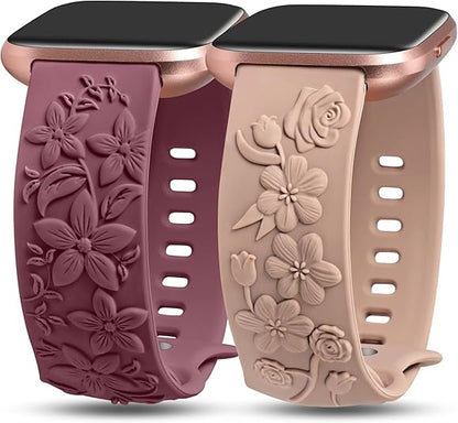 TOYOUTHS 2 Pack Compatible with Fitbit Versa 2/Versa Lite/Versa Watch Bands for Women Floral Engraved Soft Silicone Dressy Embossed Flower Strap Replacement Versa 2 Special Edition Bracelet Wristband