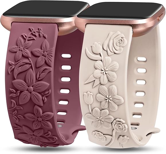 TOYOUTHS 2 Pack Compatible with Fitbit Versa 2/Versa Lite/Versa Watch Bands for Women Floral Engraved Soft Silicone Dressy Embossed Flower Strap Replacement Versa 2 Special Edition Bracelet Wristband