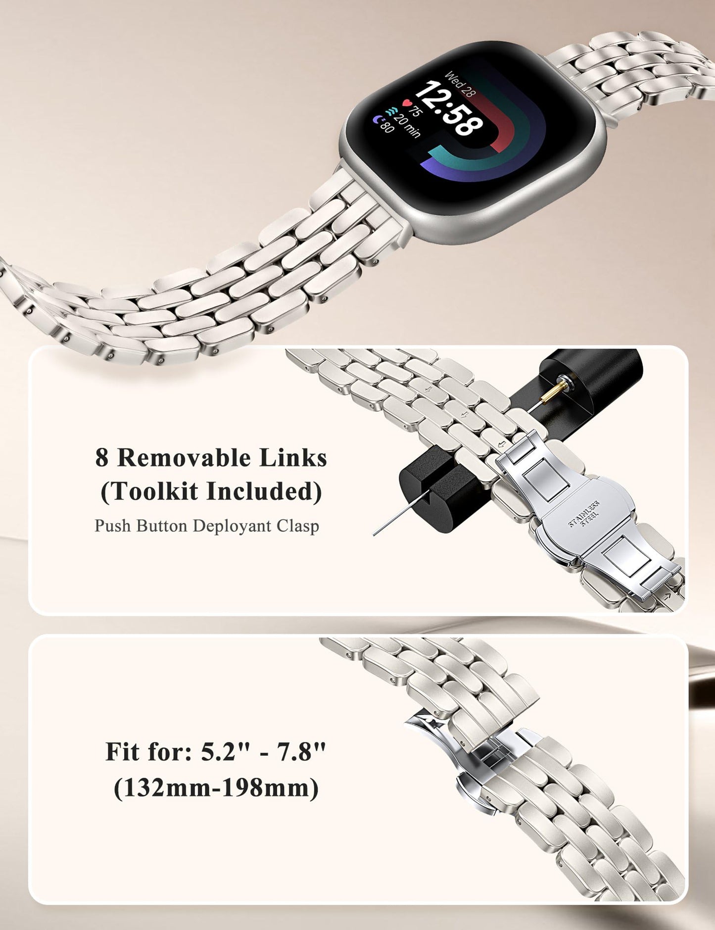TOYOUTHS Designer Vintage Luxury Bracelet for Fitbit Versa 4/Versa 3/Sense 2/Sense Bands Women, Stainless Steel Dressy Elegant Noble Metal Strap for Versa 4 Smartwatch