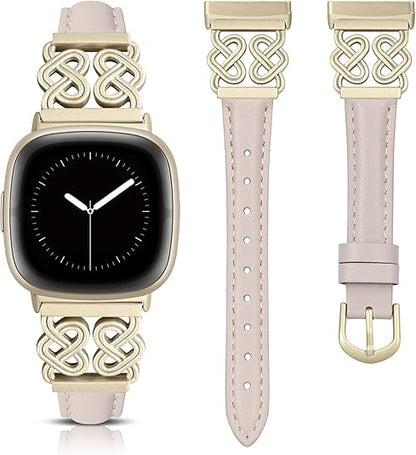 TOYOUTHS Leather Band Compatible with Fitbit Versa 4/Versa 3/Sense 2/Sense Band Women, Elegant Dressy Slim Leather Strap with Designer Celtic Heart-Shaped Knot Buckle for Versa 4 Sense 2 Smartwatch