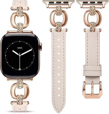 TOYOUTHS Leather Band Compatible with Apple Watch Bands Women 38/40/41/42/44/45/46/49mm Dressy Slim Leather Strap with Boho Metal Knot Buckle Bracelet for iWatch Series 10/9/8/7/6/5/4/3/2/1/SE/Ultra
