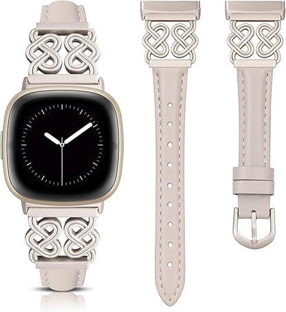 TOYOUTHS Leather Band Compatible with Fitbit Versa 4/Versa 3/Sense 2/Sense Band Women, Elegant Dressy Slim Leather Strap with Designer Celtic Heart-Shaped Knot Buckle for Versa 4 Sense 2 Smartwatch